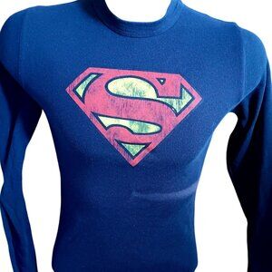 Vintage Small Men's Thermal Shirt Y2K Superman Blue Long Sleeve Logo